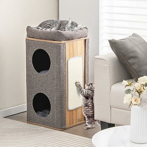 Cats on a multi-level scratching post by a sofa.