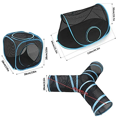 Collapsible cat play tunnel and cube set with dimensions.