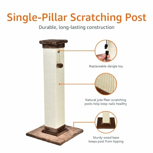 Single-pillar cat scratching post with replaceable toy and sturdy wood base.