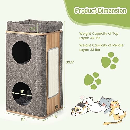 Cat tower with weight capacity and dimensions.