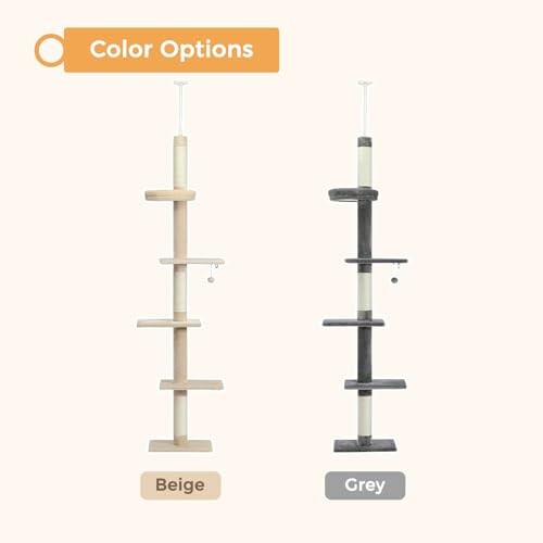 Two cat trees in beige and grey color options.