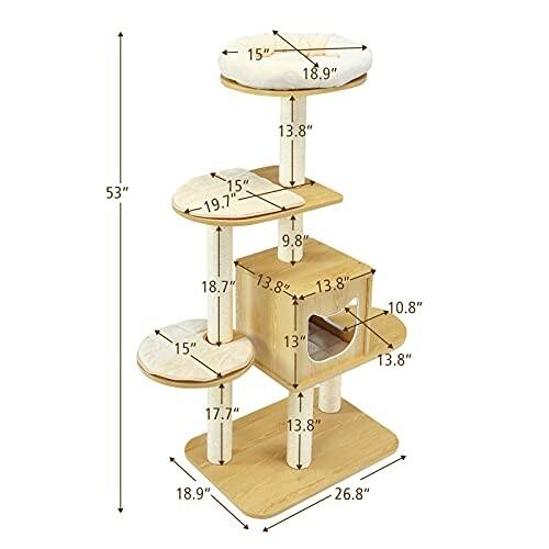 Cat tree with dimensions labeled for various platforms and sections.