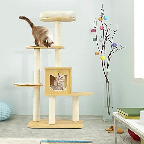 Cat playing on multi-level cat tree with cozy platforms and cubby.