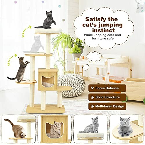 Cat tree with multiple tiers and cats playing.