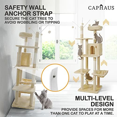 Multi-level cat tree with safety wall anchor strap