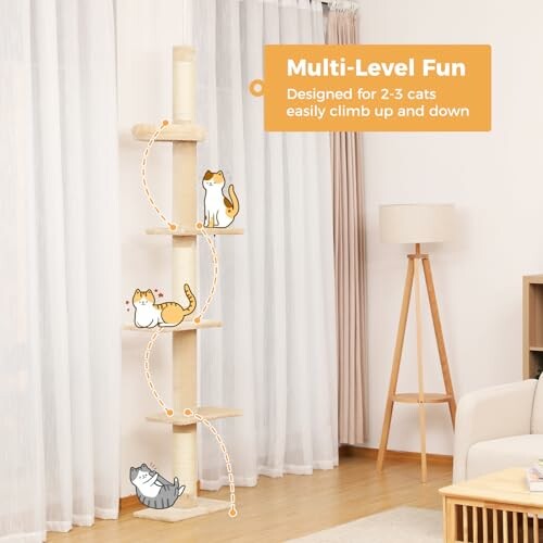 Multi-level cat tree with playful cats and a floor lamp nearby.