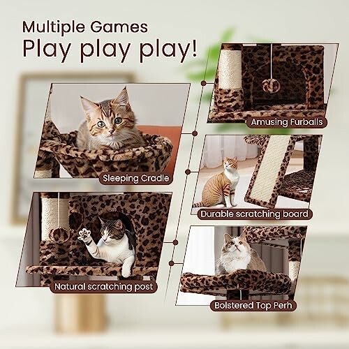 Cats playing on a leopard print cat tree with multiple features.