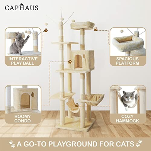 Cat tree with condo, hammock, play ball, and platform