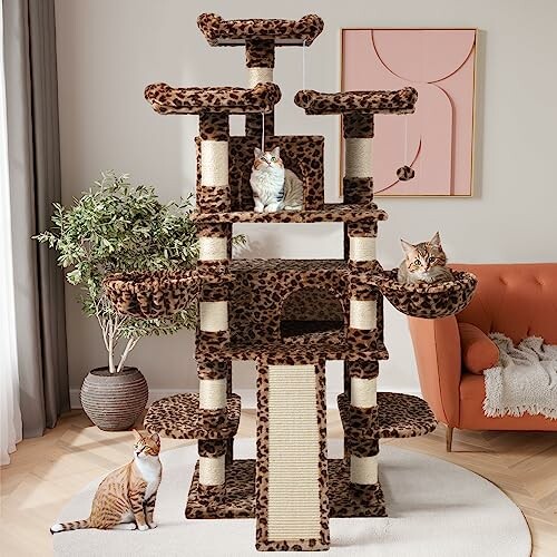 Cats on a multi-level cat tree in a living room.