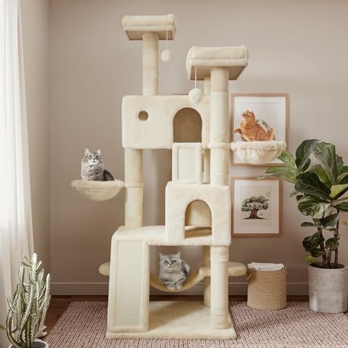 Three cats sitting on a multi-level cat tree in a cozy room.