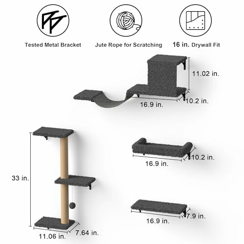 Cat wall furniture set with tested metal bracket, jute rope, and drywall fit.