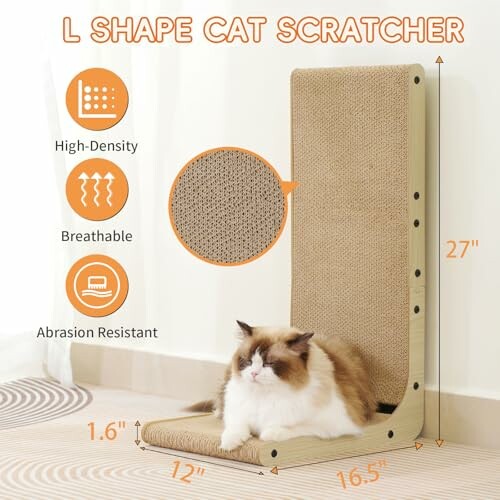 L-shaped cat scratcher with a cat sitting on it, highlighting features like high-density, breathable, and abrasion resistant material.